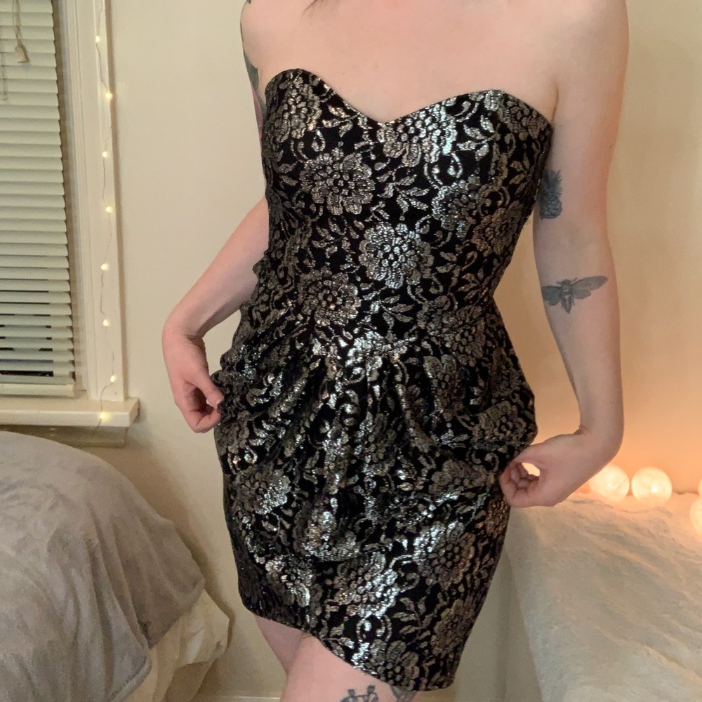 Silver Floral Strapless Vintage Party Dress Size M